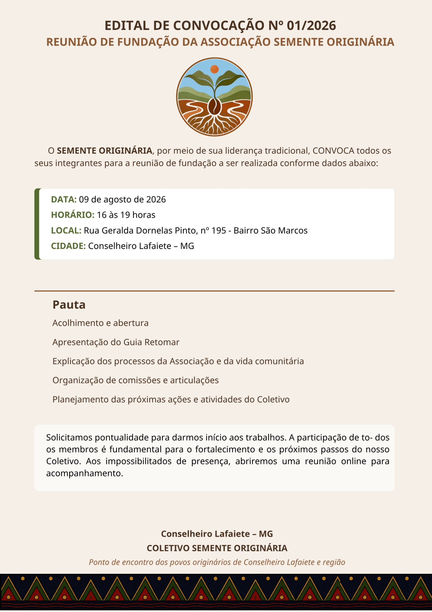 Edital de convocação da reunião de fundação da Associação Semente Originária em 9 de agosto de 2026